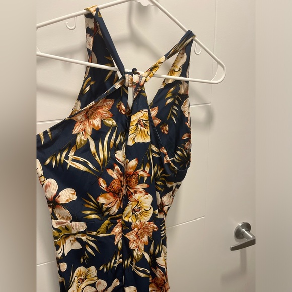 JJ's House Ruffles Floral Halter Trumpet Satin Asymmetrical Midi Dress - Picture 3 of 11